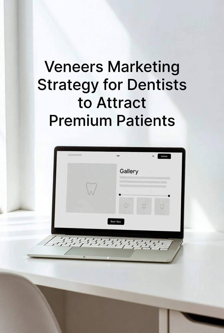 Featured image reading “Veneers Marketing Strategy for Dentists to Attract Premium Patients” above a laptop on a white desk showing a simple veneers landing-page mockup with a gallery section.